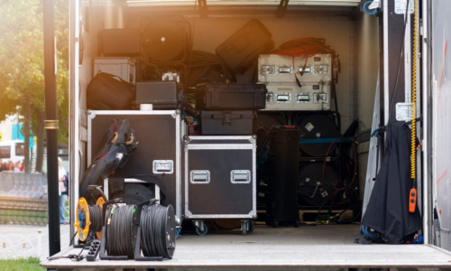 equipment-concert A truck filled with rental equipment for a live event.